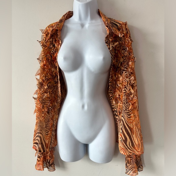 Y2K Sheer Fringe Mix Animal Print Button Down Top With Flare Sleeve Detail Sz L - Picture 3 of 9